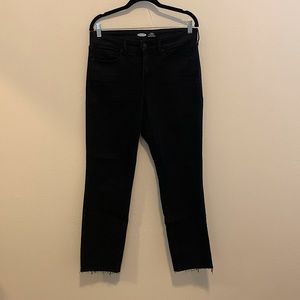 Old navy power slim straight high rise black jeans with frayed hem.